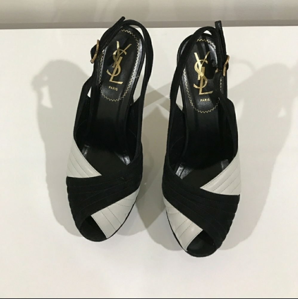 AUTH YSL SAINT LAURENT BLACK WHITE HEELS